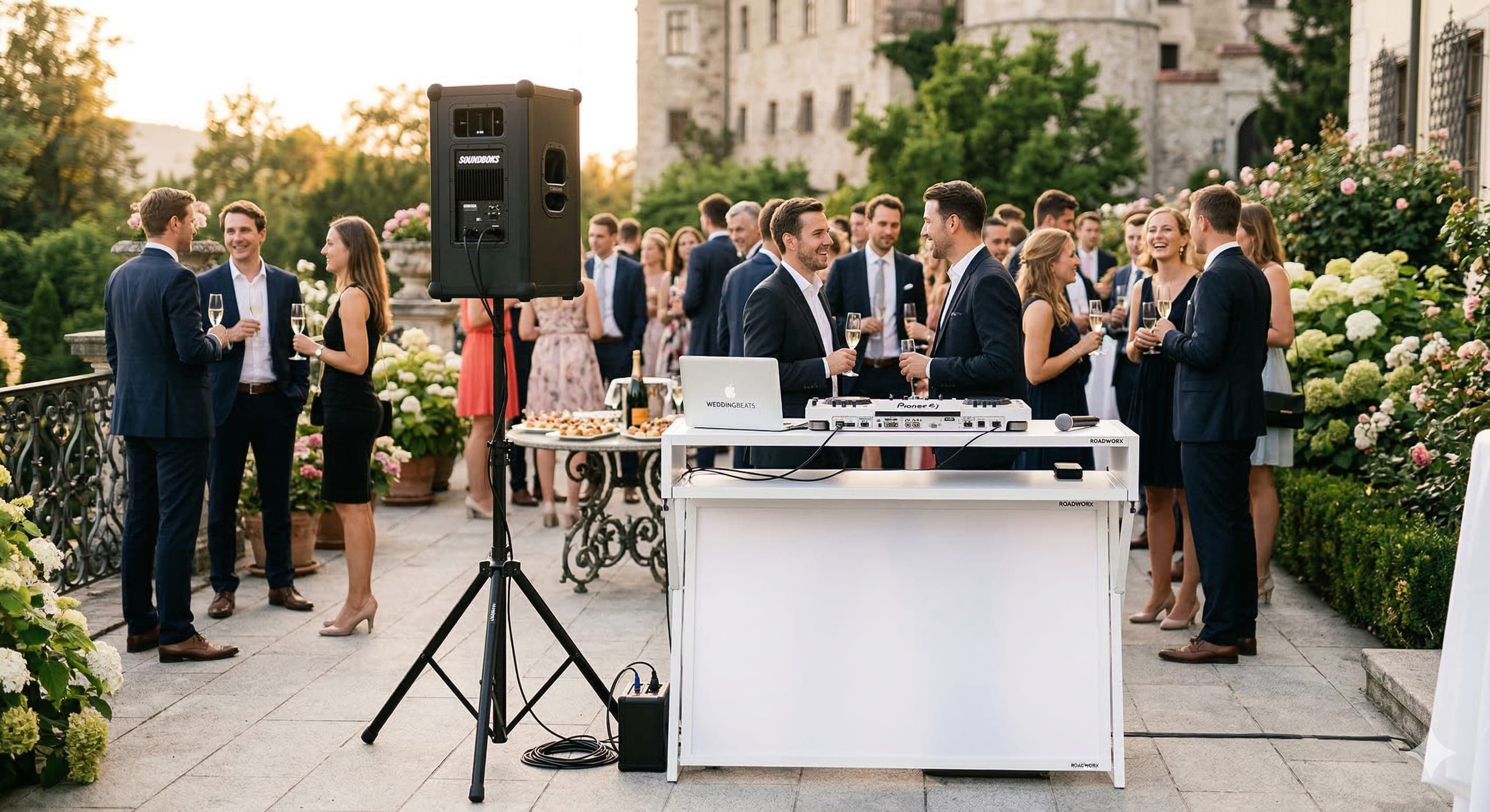 Soundboks-Akkulautsprecher auf Stativ und weißes DJ-Pult bei einem Sektempfang auf einer Schlossterrasse